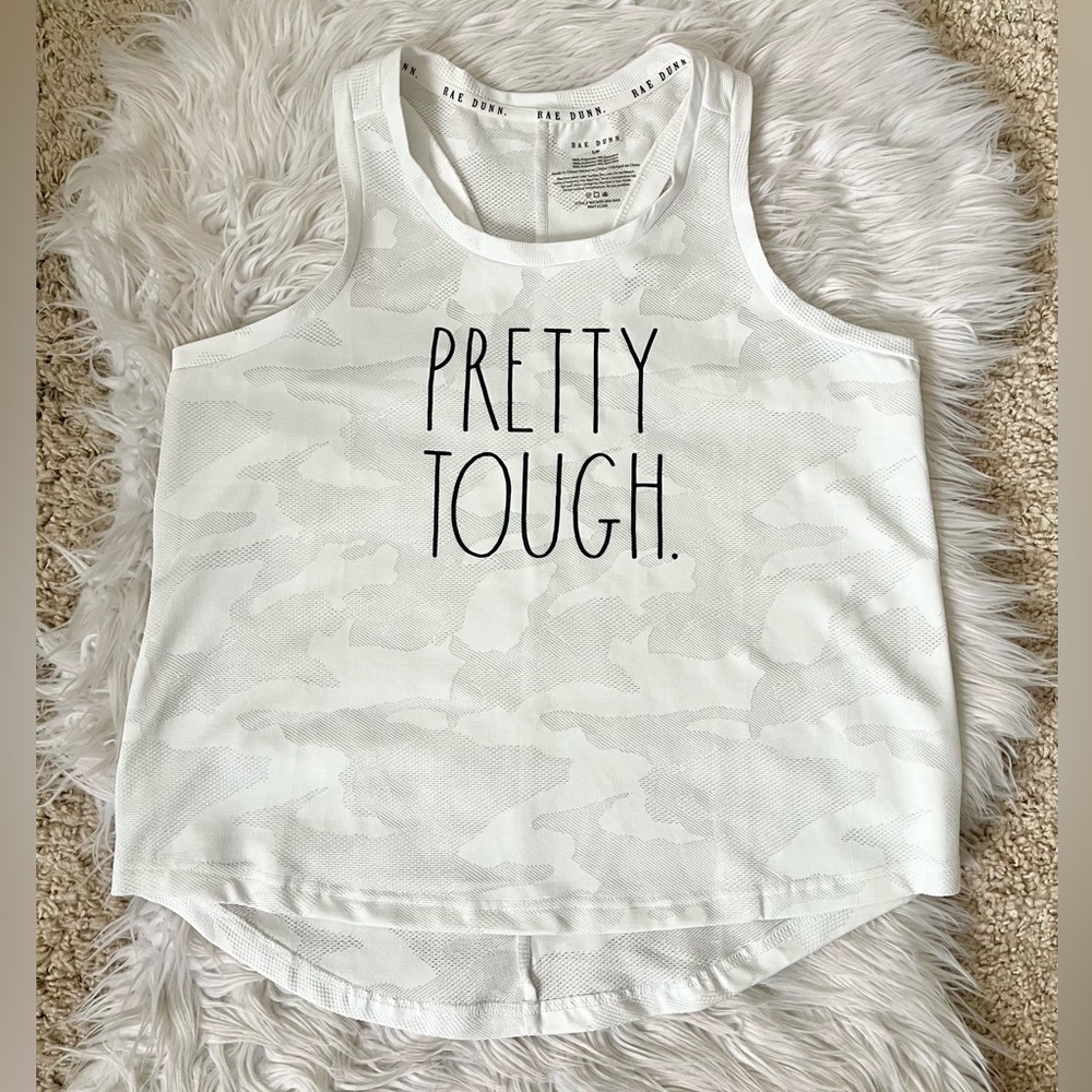 {Rae Dunn} Pretty Tough Camo Racerback Tank in White - Women's Small